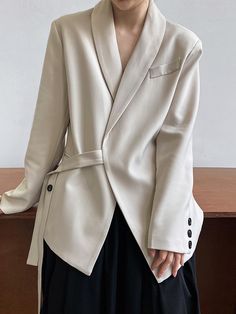 Long Sleeves Loose Asymmetric Buttoned Pockets Solid Color Tied V-Neck Blazer Outerwear BEIGE-L Belted Blazer, Collar Designs, Fashion Seasons, Office Casual, Workout Jacket, Colored Blazer, Mandarin Collar, Blazers For Women, Jacket Style