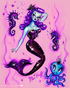 a drawing of a mermaid with purple hair and an octopus under her tail, sitting on top of a pink background