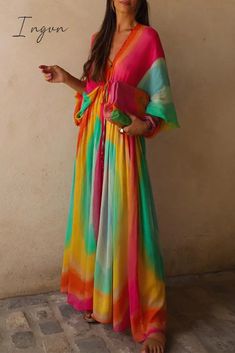 Ingvn - Elegant Gradual Change Contrast V Neck Dresses Gradient Color / S Dresses/Boho Multicolor Flowy V-neck Maxi Dress, Multicolor V-neck Maxi Dress For Festivals, Flowy Multicolor V-neck Maxi Dress, Vibrant Multicolor V-neck Dress, Multicolor Long Sleeve Dress For Summer, Vibrant Green V-neck Maxi Dress, Multicolor Long Sleeve Maxi Dress For Summer, Colorful Bohemian Long Sleeve Maxi Dress, Flowy Multicolor Print Maxi Dress With V-neck