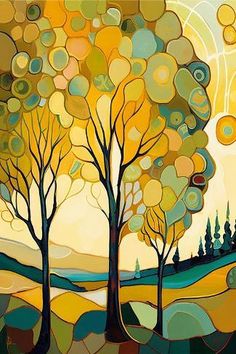 an abstract painting of trees with yellow and blue circles in the sky over a field