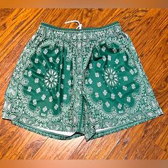 Bravest Studios Green Paisley Shorts Xxl Brand New Never Worn Ready For That Summertime Vibe. Celtics Got A Chance This Year!! Green Paisley Print Bottoms For Summer, Summer Green Paisley Print Bottoms, Green Beachy Bottoms With Built-in Shorts, Green Printed Vacation Shorts, Casual Paisley Print Shorts, Green Floral Print Beach Shorts, Green Printed Beach Shorts, Cotton Paisley Print Shorts, Paisley Shorts