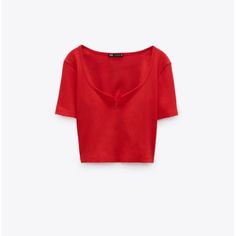 Red Cropped Ribbed T-Shirt From Zara With A Notch In The Neckline Fitted Red Cotton Tops, Red Stretch V-neck T-shirt, Zara Ribbed Crew Neck Top, Trendy Zara V-neck Top, Zara Trendy V-neck Tops, Red Stretch Tops By Zara, Red Ribbed Casual Top, Trendy Red Crew Neck Knit Top, Red Ribbed V-neck Top