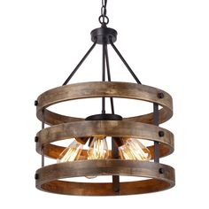 a wooden chandelier with three light bulbs hanging from the center and two lights on each side