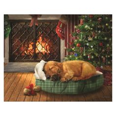 a dog sleeping on a pillow in front of a christmas tree and fireplace with presents