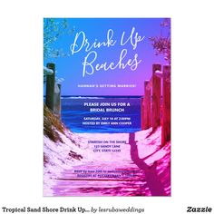 a pink and blue beach party flyer with the words drink up beaches