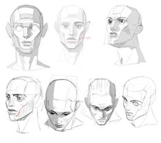 the head and shoulders of an adult male with different facial expressions, from front to back