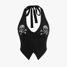 Embrace gothic vibes with our Rhinestone Gothic Skull Halter Crop Top! This stylish top features a dazzling rhinestone crossbone skull design, halter neck, and an asymmetrical hem for that unique look. The open back, ribbed fabric, and cropped length offer both comfort and style. Crafted from a blend of polyester and spandex, this sleeveless top is versatile for any occasion. Stand out in this edgy piece that exudes queen-like allure! Dazzling rhinestone crossbone skull design Halter neck with a Gothic Crop Tops, Gothic Skull, Stylish Top, Halter Crop Top, Skull Design, Asymmetrical Hem, Ribbed Fabric, Punk Fashion, Asymmetric Hem