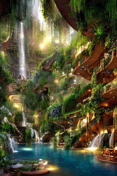 an artistic rendering of a waterfall in the middle of a building with lots of greenery