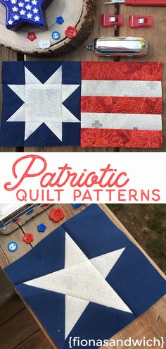 patriotic quilt patterns on a wooden table