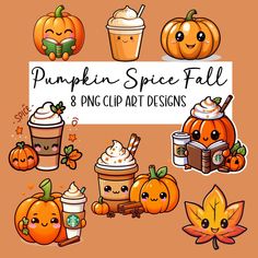 pumpkin spice fall clipart set with coffee, drinks and autumn leaves on an orange background