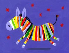 a painting of a colorful zebra on a purple background