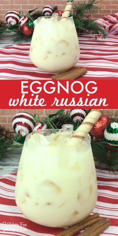 eggnog white russian drink in a glass with cinnamon sticks