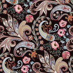 an image of a black background with colorful flowers and paisleys on it's sides