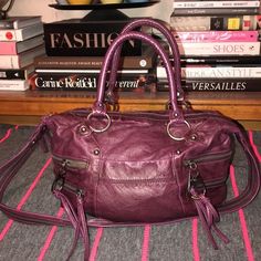 Synthetic Vegan Leather Satchel. Multi Zip Compartments. Zipper Accent Shoulder Strap. Washed Look. Never Worn! Faux Leather Handbag, Pretty Bags, Leather Satchel, Leather Handbag, Color Purple, Vegan Leather, Satchel, Shoulder Strap, Faux Leather