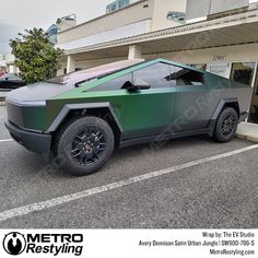 a futuristic car parked in front of a building