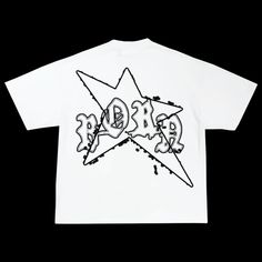 a white t - shirt with the word rock written in black ink and stars on it