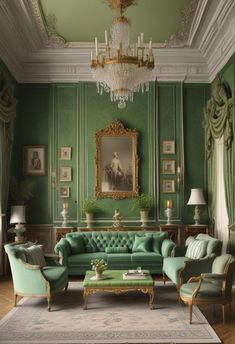 an elegant living room with green walls and chandelier hanging from the ceiling, along with two couches and chairs