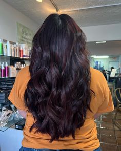 Wine Color Highlights On Black Hair, Ion Black Cherry Hair Color, Black Cherry Plum Hair Color, Dark Plum Brown Hair Color, Plum Highlights On Black Hair, Deep Cherry Black Hair, Black Hair Change Ideas, Black Wine Hair, Cherry Black Hair Color Curly