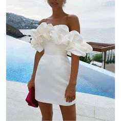 Pure Color Off-Shoulder Dress with Lotus Leaf Edge, Elegant Formal Dress Evening Mini Dresses, Dresses Formal Elegant, Dress Sleeve Styles, Mini Robes, Glam Dresses, Strapless Mini Dress, Long Prom Dress, Homecoming Dress, Bodycon Mini Dress