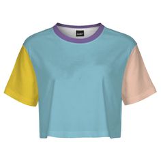 Cheap Multicolor Graphic Print Crop Top, Trendy Multicolor Color Block T-shirt, Sporty Multicolor Color Block T-shirt, Playful Multicolor Color Block T-shirt, Light Blue Patchwork Cotton Top, Sporty Blue Patchwork Tops, Multicolor Tops With Color Matching For Summer, Light Blue Color Block Tops For Summer, Blue Patchwork Crew Neck Top