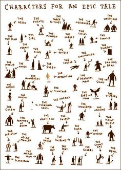 an image of characters for an epic tale written in black ink on white paper with blue writing