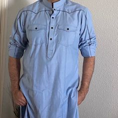 Indian/Pakistani Denim Kurta Denim Kurta For Men, Casual Cotton Kurta With Relaxed Fit, Blue Cotton Kurta With Relaxed Fit, Casual Long Sleeve Kurta With Pockets, Casual Long-sleeve Kurta With Pockets, Light Blue Cotton Kurta For Summer, Spring Indigo Cotton Kurta, Casual Summer Kurta, Summer Light Blue Cotton Kurta