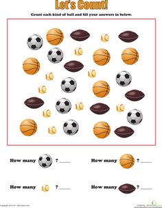 a worksheet with different sports balls and numbers for kids to practice their counting skills