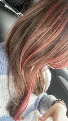 Light Brown Pink Highlights, Blond With Pink Streaks, Dyed Hair For Dirty Blonde, Pink Hair Dye Ideas Brunettes, Light Brown Hair With Pink Streaks, Pink Highlights In Brown Hair Straight, Blond And Pink Highlights, Light Brown Hair With Color