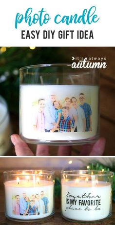 two candles that have pictures on them and the words, photo candle easy diy gift idea