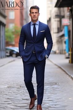 Navy Suit Outfit Men Wedding, Navy Blue Suit With Light Blue Shirt, Medium Blue Suit Men, Blue Formal Suit Men, Basic Suits For Men, Navy Suit Navy Tie, Men Modern Suit, Tie With Blue Suit Men, Ties For Navy Blue Suits