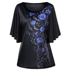 Plus Size Tiny Floral Drape Sleeve Tee - Blue - 3022132615 - Original Design-Women's Clothing  #OriginalDesignWomensClothing #Original #DesignWomen's #Clothing Tyrian Purple, Spandex Shirts, Tops And Blouses, Casual Shirt Women, Clothes Casual, Drape Sleeves, Ladies Tops, Collars For Women, Asian Inspired