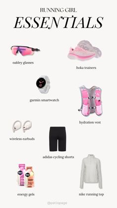 Running girl essentials, running girlie, pink aesthetic, long run, equipment, activewear, gear, Smartwatch, long sleeve, energy gels, Hoka trainers, Oakley glasses, running sunglasses, hydration vest, earbuds, cycling shorts, running shorts, compression socks, GPS watch, sports bra, running tights, foam roller, yoga mat, resistance bands, recovery sandals, nutrition supplements, trail running shoes, running socks, sunscreen for runners, blister prevention, fitness tracker, running hat, running gloves, windbreaker jacket, lightweight running jacket, and sports sunglasses #RunningGirlEssentials #PinkAestheticRun #LongRunGear #RunningGear #ActivewearStyle #RunningLife #RunnersWorld #FitnessGear #HokaTrainers #OakleySunglasses #HydrationVest #EarbudsForRunning #CyclingShorts #RunningShorts Amazon Running Essentials, Running Essentials Aesthetic, Running Pink Aesthetic, Runners Essentials, Pink Running Outfit, Runner Essentials, Running Clothes Winter, Running Essentials For Women