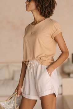 Luna & Rose Linen WILLOW SHORTS - Macadamia Summer Tops With Built-in Shorts And Relaxed Fit, Casual Tops With Elastic Waistband And Short Length, Beige Short Top For Loungewear, Beige Summer Tops Short Length, Short Beige Tops For Spring, Beige Short Tops For Spring, Beige Short Length Tops For Summer, Beige Short Length Summer Tops, Versatile Beige Shorts