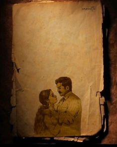 an old paper with a drawing of a man and woman kissing each other on it