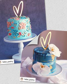 two cakes decorated with flowers and hearts on top of each other, one is blue and the other has white orchids