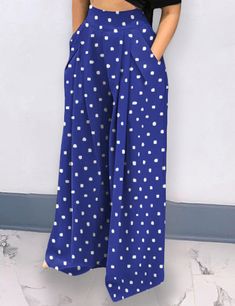 Blue Polka Dot Wide Leg Bell-bottomed Pants Casual Polka Dot Bottoms For Summer, Casual Polka Dot Summer Bottoms, Non-stretch Polka Dot Summer Bottoms, Blue Ankle-length Spring Pants, Blue Ankle-length Pants For Spring, Summer Wide Leg Polka Dot Pants, Polka Dot Wide Leg Summer Pants, Casual Wide Leg Polka Dot Pants, Casual Wide-leg Polka Dot Pants