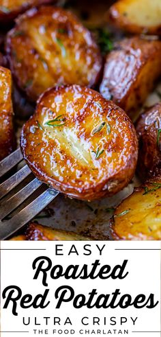 Easy roasted baby red potatoes with garlic on a pan with a fork Pan Roasted Red Potatoes, Garlic Red Skin Potatoes, Things To Make With Red Potatoes, Healthy Roasted Red Potatoes, Stovetop Red Potatoes, New Red Potatoes Recipes, Ruby Potatoes Recipe, Buttery Red Potato Recipes, Best Red Skin Potato Recipes