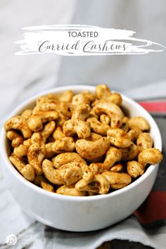 roasted caramel cashews in a white bowl