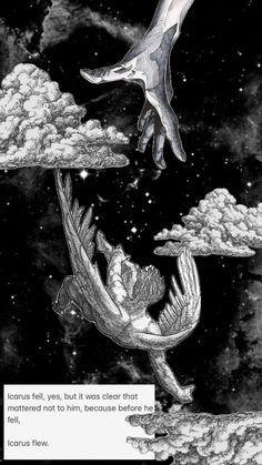 an image of two birds flying in the sky with clouds and stars above them, one is