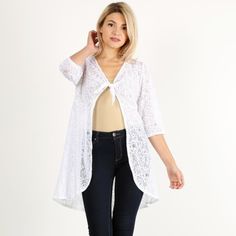 Lace, Sheer, Long Body Cardigan In A Loose Fit With An Open Front, Tie Closure, And 3/4 Length Sleeves, Lace, Poly 95% Spdx 5%. Made In Usa White Open Front Top For Day Out, White Spring Outerwear For Brunch, White Summer Outerwear For Brunch, White Cardigan For Spring Day Out, White Open Front Outerwear For Summer, White Spring Cardigan For Day Out, White Open Front Outerwear For Day Out, White Summer Outerwear For A Day Out, Chic White Beach Outerwear