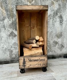 a wooden crate filled with logs on top of a tiled floor next to a wall