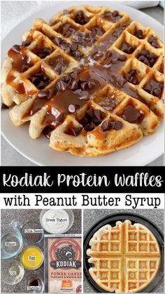 chocolate covered waffles with peanut butter syrup on top, and the words kodiak protein waffles with peanut butter syrup