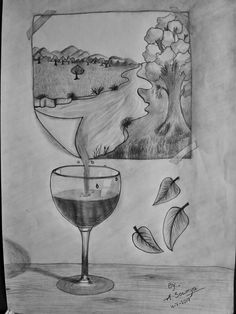 a drawing of a glass of wine on a table