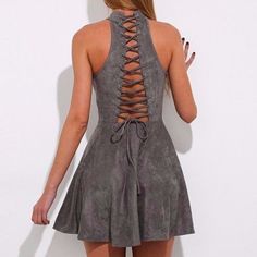 Gray Bandage A-Line Off Shoulder Backless Solid Sleeveless Pleated Mini Dress Casual Party Dresses With Corset Back, Fitted Sleeveless Dress With Straps, Casual Sleeveless Dress With Corset Back, Chic Sleeveless Dress With Lace-up Back, Casual Sleeveless Dress With Lace-up Back, Casual Fitted Strapless Halter Dress, Fitted Sleeveless Halter Dress With Lace-up Back, Casual Backless Sleeveless Dress For Club, Fitted Halter Dress With Lace-up Back For Spring