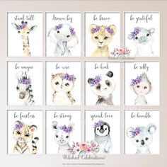 a set of eight watercolor animals with flowers in their hair