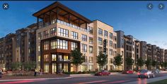 an artist's rendering of the exterior of a multi - story apartment building at dusk