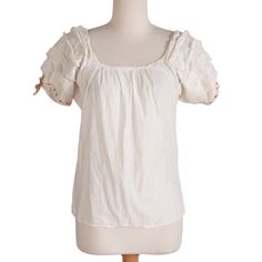 Cute lil white shirt from the 50s with ruffled eyelet borders around sleeves. Mexican imported. Made by Jane Byron.  Measurements Bust: 38" Waist: 36" Length: 24" Condition: Good; overall wear (See images) Puff Sleeve Tops With Lace Cuffs For Daywear, White Ruffled Cotton Peasant Top, White Cotton Peasant Top With Ruffles, Spring Tops With Lace Cuffs And Short Sleeves, Casual Fitted Blouse With Lace Cuffs, Fitted Tops With Ruffle Sleeve For Daywear, Cotton Eyelet Top For Daywear, Spring Daywear Tops With Lace Cuffs, Cotton Eyelet Puff Sleeve Tops