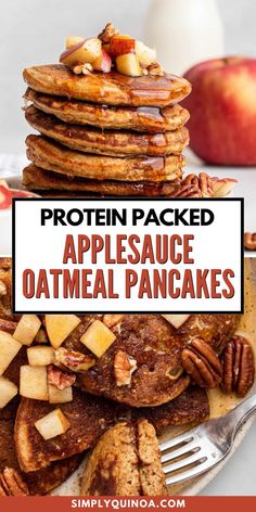 a stack of pancakes topped with apples and pecans