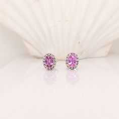 Pink Sapphire and Diamond Earring Studs in Solid 14K White Gold | Oval 6x4mm | Pink Gemstone Studs | Daily Wear | Cute Studs | Ready to Ship Sapphire And Diamond Earrings, Studs Gold, Sapphire Studs, Jewelry Safe, Diamond Earring, Sparkle Earrings, Earring Studs, Gemstone Studs, Pink Gemstones