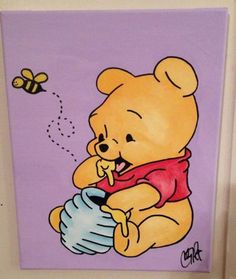 a painting of a winnie the pooh holding a teapot with a bee on it